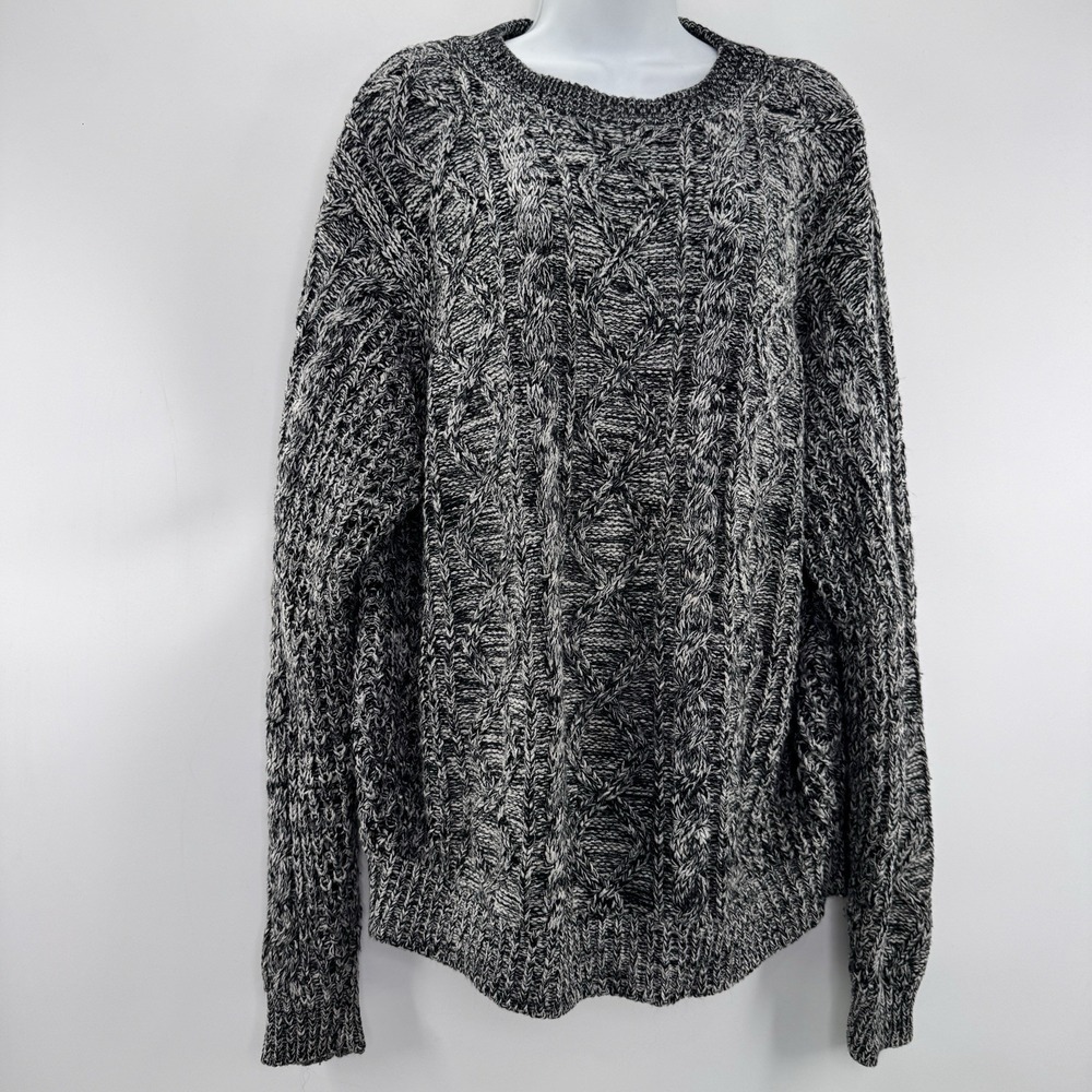 Vintage Men Cable Knit Sweater XL Navy Marled Grandpa Dadcore Preppy Crewneck